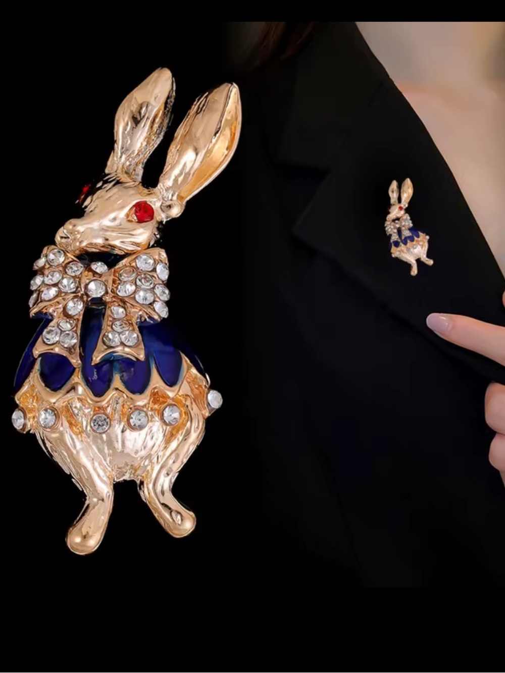 Gold-tone Bunny Brooch with Blue Enamel and Crystal Accents